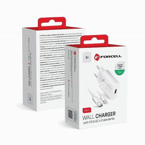 CELL F-ENERGY TFK-TC-20WPD utazótöltő Type C + Type C to Lightning PD QC4.0 3A 20W fehér kábel