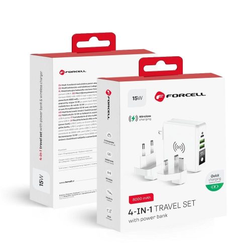 CELL F-ENERGY multifunkcionális töltő 15W 4 az 1-ben USB/USB-C csatlakozóval, 8000mAh power bankkal és vezeték nélküli töltéssel
