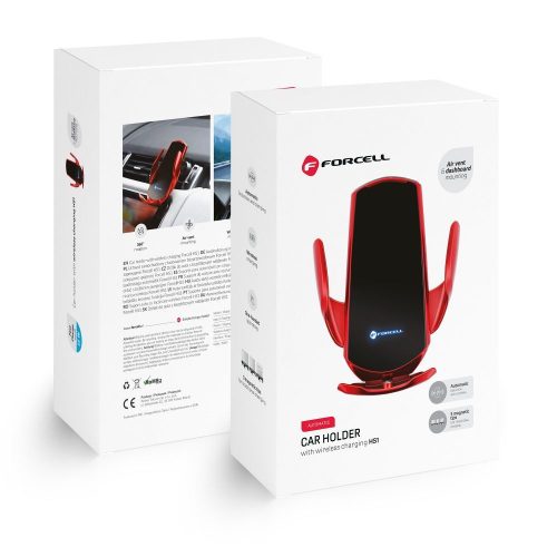 CELL F-GRIP automata autós telefontartó szélvédőre / légbefúvóra vezeték nélküli töltéssel Qi 15W piros