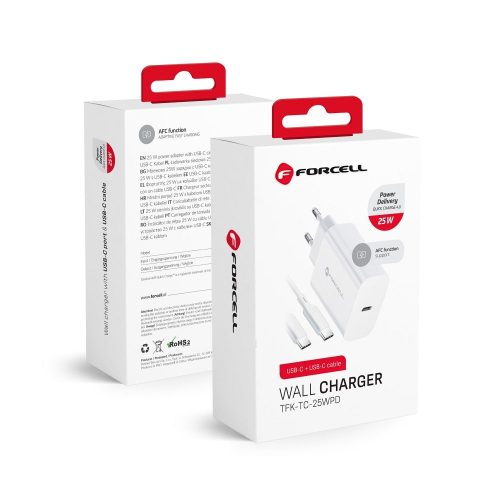 CELL F-ENERGY TFK-TC-25WPD utazó töltő Type C + Type C to Type C PD Q.C 3A 25W kábel fehér