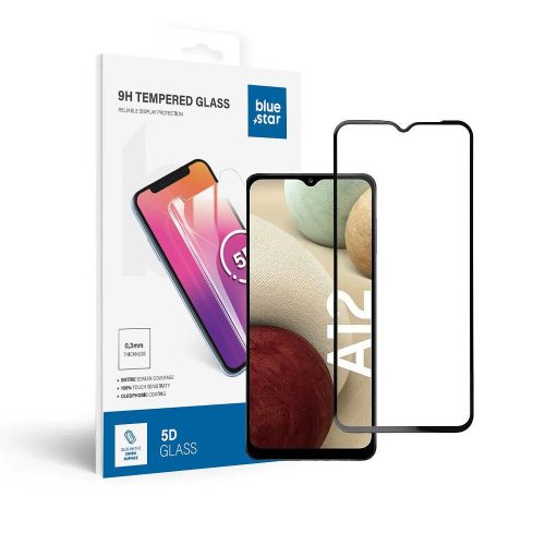 Edzett üveg kék Star - SAMSUNG A12 Full Face (teljes ragasztás kerettel/kis méret) - fekete Edzett üveg kék Star