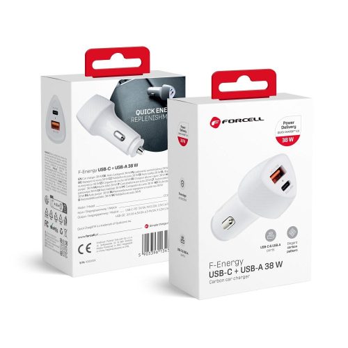 CELL F-ENERGY Carbon CC50-1A1C autós töltő Type C + USB A PD QC3.0 3A 38W fehér