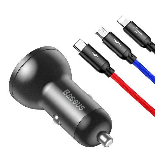 BASEUS autós töltő 2 x USB A digitális kijelzővel + kábel 3 az 1-ben Micro USB / Lightning / Type C 4,8A 24W TZCCBX-0G fekete