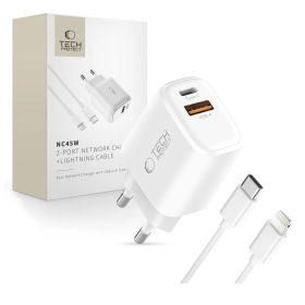   TECH-PROTECT NCA45W-GAN 2-PORT HÁLÓZATI TÖLTŐ PD 45W / QC3.0 + LIGHTNING CABLE fehér