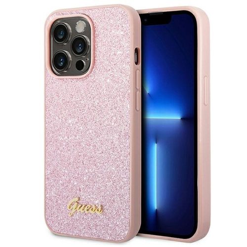 GUESS case for IPHONE 14 Pro Max GUHCP14XHGGSHP (Glitter Flakes Script Metal Logo) pink
