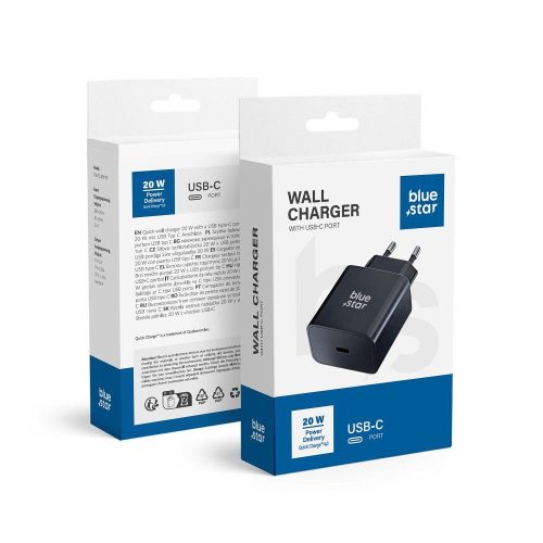 kék STAR utazó töltő Type C PD QC4.0 3A 20W TFB-TC-20WPD fekete