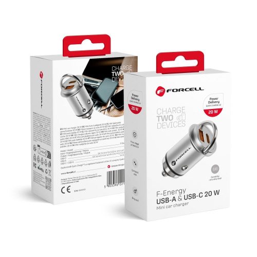 CELL F-ENERGY Mini autós töltő Type C + USB A PD QC3.0 3A 20W ezüst