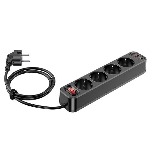 HOCO power strip 4-bit hosszabbító kábel aljzat + 2 x USB A + Type C PD QC3.0 3A 20W NS1 fekete