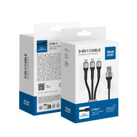   kék STAR fonott kábel 2,4A 3 az 1-ben USB A-től Lightning / Micro USB / Type C TFK-DC-010 1,2 m fekete