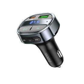   Autós töltő Hoco USB A + USB C PD QC3.0 5A 30W digitális kijelzővel + adóvevő FM BT E70 obszidián fekete