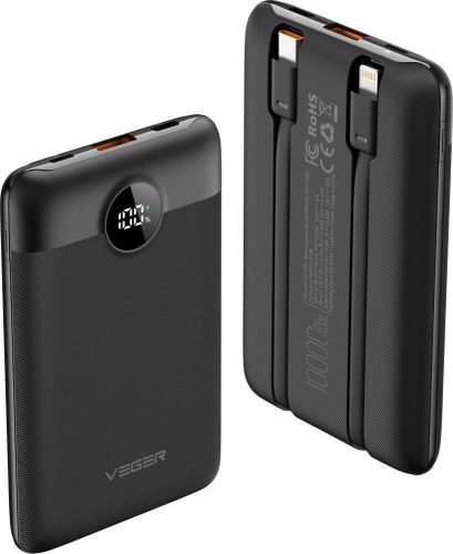 VEGER powerbank 10000 mAh beépített kábelekkel Type C / Lightning PD QC3.0 2A 22,5W C11 (W1170) fekete