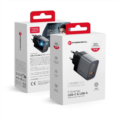CELL F-ENERGY GaN VT-39 travel Töltő Type C + USB A PD QC4.0 4A 45W szürke