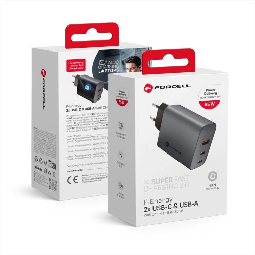 CELL F-ENERGY GaN VT-42B travel Töltő 2 x Type C + USB A PD QC4.0 4A 65W szürke