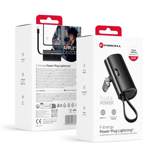 CELL F-ENERGY Power Plug F5K3 powerbank beépített Lightning csatlakozóval PD 20W 5000 mAh fekete