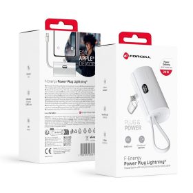   CELL F-ENERGY Power Plug F5K3 powerbank beépített Lightning csatlakozóval PD 20W 5000 mAh fehér