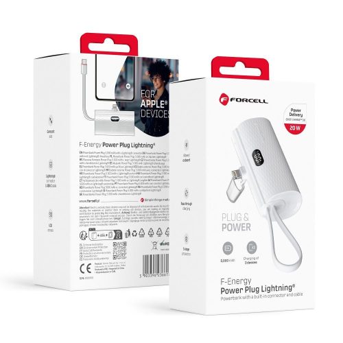 CELL F-ENERGY Power Plug F5K3 powerbank beépített Lightning csatlakozóval PD 20W 5000 mAh fehér
