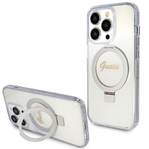 Original faceplate Tok GUESS GUHMP15XHRSGSD iPhone 15 Pro Max készülékhez (Magsafe kompatibilis / Csillogó Script logó / Gyűrűs állvány / átlátszó)