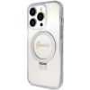 Original faceplate Tok GUESS GUHMP15XHRSGSD iPhone 15 Pro Max készülékhez (Magsafe kompatibilis / Csillogó Script logó / Gyűrűs állvány / átlátszó)
