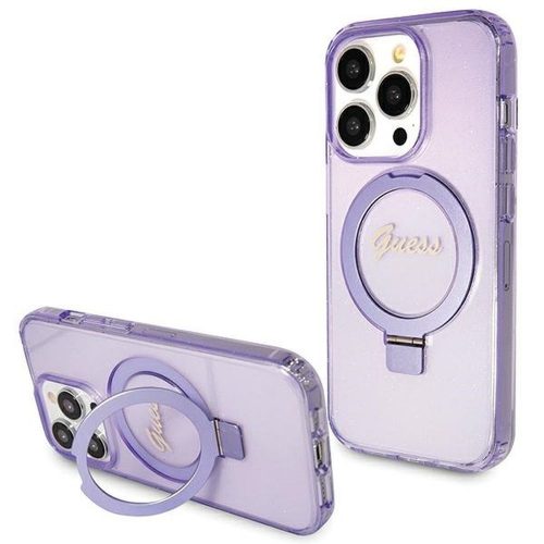 GUESS case for IPHONE 15 Pro compatible with MagSafe GUHMP15LHRSGSU (Glitter Script Logo Ring stand) purple
