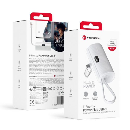 CELL F-ENERGY Power Plug F5K3 powerbank beépített Type C PD 20W csatlakozóval, 5000 mAh fehér