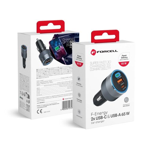 CELL F-ENERGY Alu autós töltő 2 x Type C + USB A PD QC4.0 SFC 2.0 4,5A 65W szürke