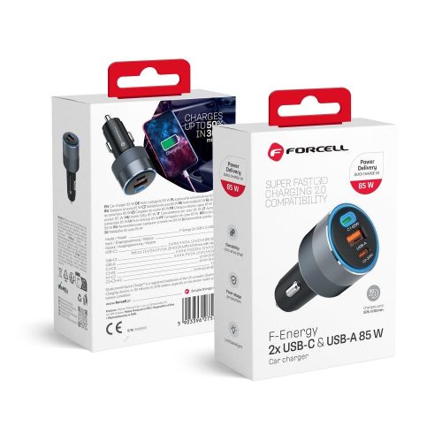 CELL F-ENERGY Alu autós töltő 2 x Type C + USB A PD QC4.0 SFC2.0 3A 85W szürke