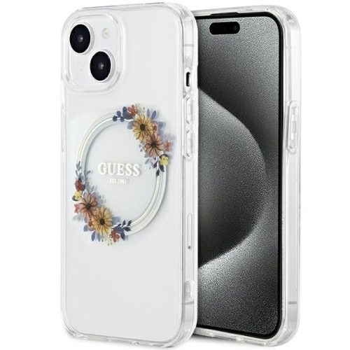 GUESS tok IPHONE 15-höz, kompatibilis MagSafe technológiával GUHMP15SHFWFCT (Flowers Wreath) átlátszó