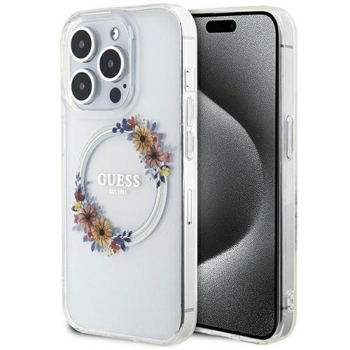 GUESS tok az IPHONE 15 Pro készülékhez, MagSafe kompatibilis GUHMP15LHFWFCT (Flowers Wreath) átlátszó