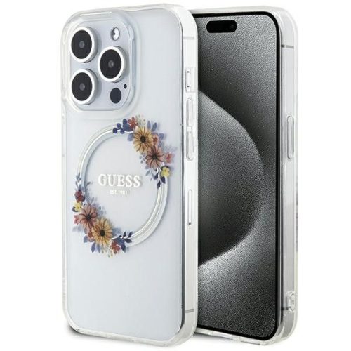 GUESS tok az IPHONE 15 Pro Max-hoz, kompatibilis a MagSafe-del GUHMP15XHFWFCT (Flowers Wreath) átlátszó