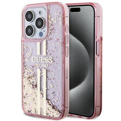 GUESS tok az IPHONE 15 Pro-hoz GUHCP15LLFCSEGP (Liquid Glitter arany Stripes) rózsaszín
