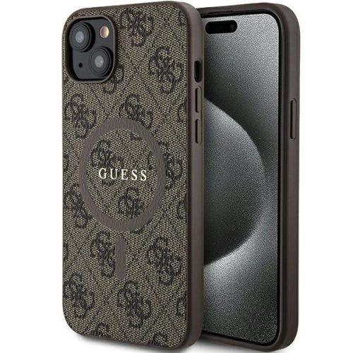 GUESS tok iPHONE 15-höz, MagSafe kompatibilis GUHMP15SG4GFRW (4G Ring klasszikus logó) barna