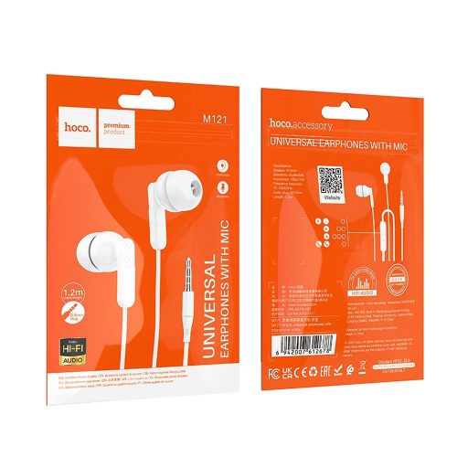 HOCO vezetékes fülhallgató Jack 3,5 mm mikrofonnal M121 fehér