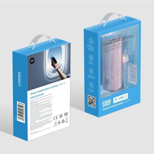 Powerbank Veger PlugOn (W0573) 5000 mAh with a built-in connector USB C pink
