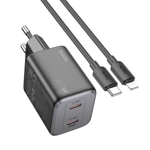 HOCO töltő 2 x Type C + Type C - Lightning kábel PD QC 45W GaN N42 fekete