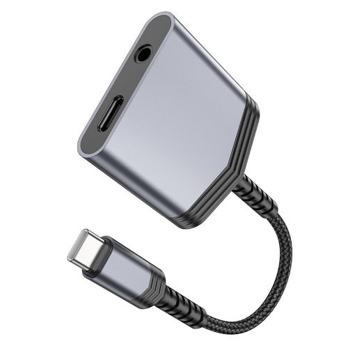 Adapter AUX 2 az 1-ben USB C-ről USB C-re / Jack 3,5 mm Hoco 27W LS39 fém szürke