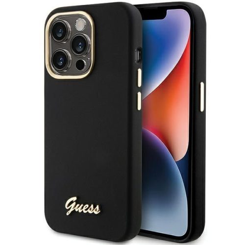 GUESS tok IPHONE 15 Pro-hoz GUHCP15LSMBSLK (Szilikon Script Fém Logó & Keret) fekete