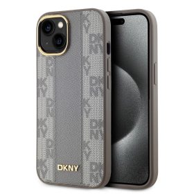   DKNY PU Leather Checkered Pattern Magsafe tok iPhone 15 készülékhez bézs