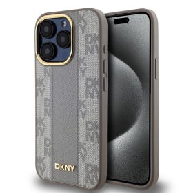   DKNY PU Leather Checkered Pattern Magsafe tok iPhone 15 Pro készülékhez bézs