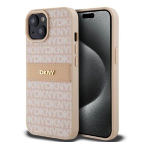   DKNY PU bőr Repeat Pattern Tonal Stripe tok iPhone 15 készülékhez rózsaszín