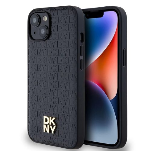 DKNY PU Leather Repeat Pattern Stack Logo MagSafe tok iPhone 15 készülékhez fekete