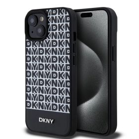   DKNY PU bőr Repeat Pattern Bottom Stripe MagSafe tok iPhone 15 készülékhez fekete