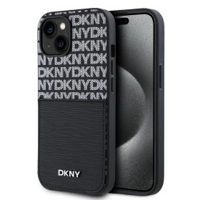   DKNY PU Leather Repeat Pattern kártyatartós tok iPhone 15 készülékhez fekete