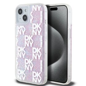   DKNY Liquid Glitter Checkered Pattern tok iPhone 15 készülékhez rózsaszín