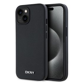  DKNY PU bőr ezüst fém logó Magsafe tok iPhone 14 készülékhez fekete