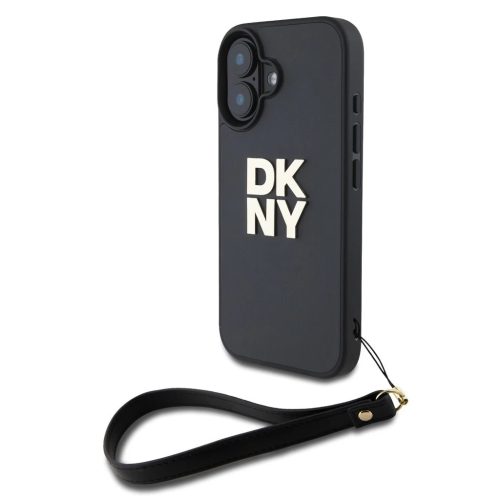 DKNY PU Leather Stack Logo csuklópántos tok iPhone 16 készülékhez fekete