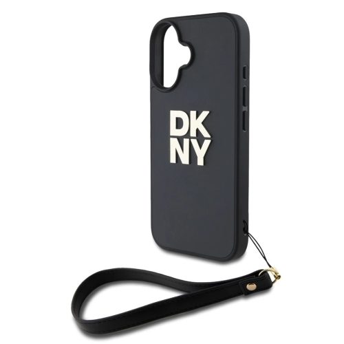 DKNY PU Leather Stack Logo csuklópántos tok iPhone 16 készülékhez fekete