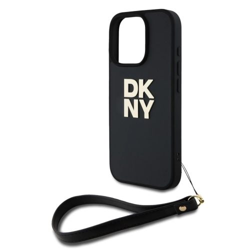 DKNY PU Leather Stack Logo csuklópántos tok iPhone 16 Pro készülékhez fekete