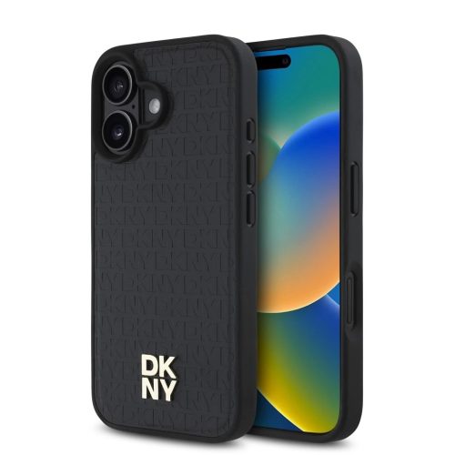 DKNY PU Leather Repeat Pattern Stack Logo MagSafe tok iPhone 16 Plus készülékhez fekete