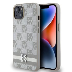   DKNY PU Leather Checkered Pattern and Stripe tok iPhone 14 készülékhez bézs