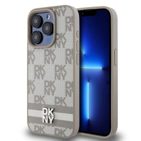   DKNY PU Leather Checkered Pattern and Stripe tok iPhone 14 Pro készülékhez bézs